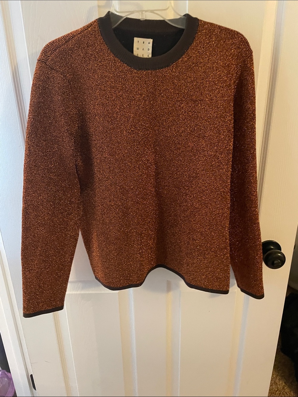 Womens Metallic Copper Crewneck Sweater with Black Trim